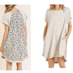 Umgee USA Linen Blend Short Sleeve Round Neck Cream Dress Black Polka Dot Back S